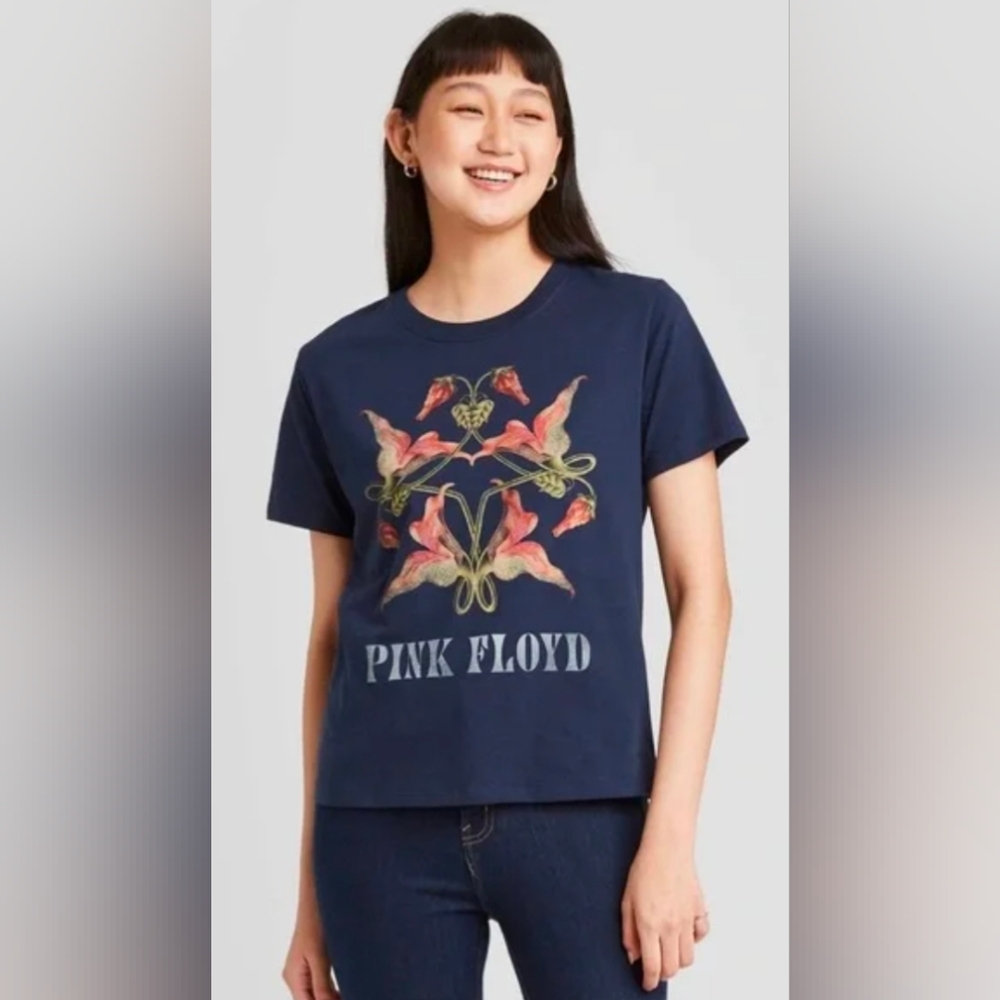 Juniors' Navy Blue Pink Floyd Lotus Tee
